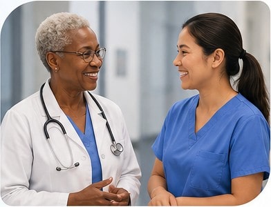 Two nursing professionals talking together