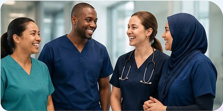 A diverse group of nurses collaborating